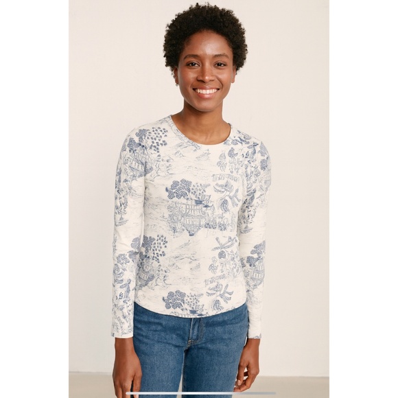 J MCLAUGHLIN SWEATER LENNY CHINOISERIE PRINT CREWNECK LONG SLEEVE BLUE WHITE S - Picture 1 of 10